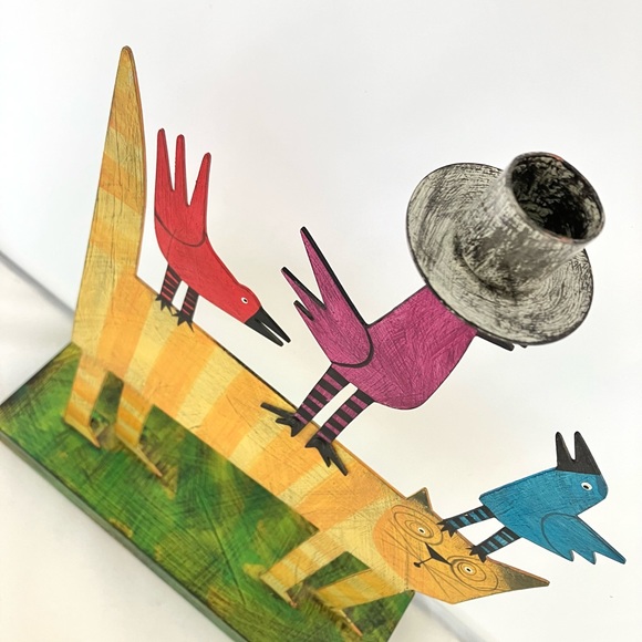 ACME Animal Canada Cat With 3 Birds, one Taper Candle Holder Handcrafted Signed - Picture 10 of 17